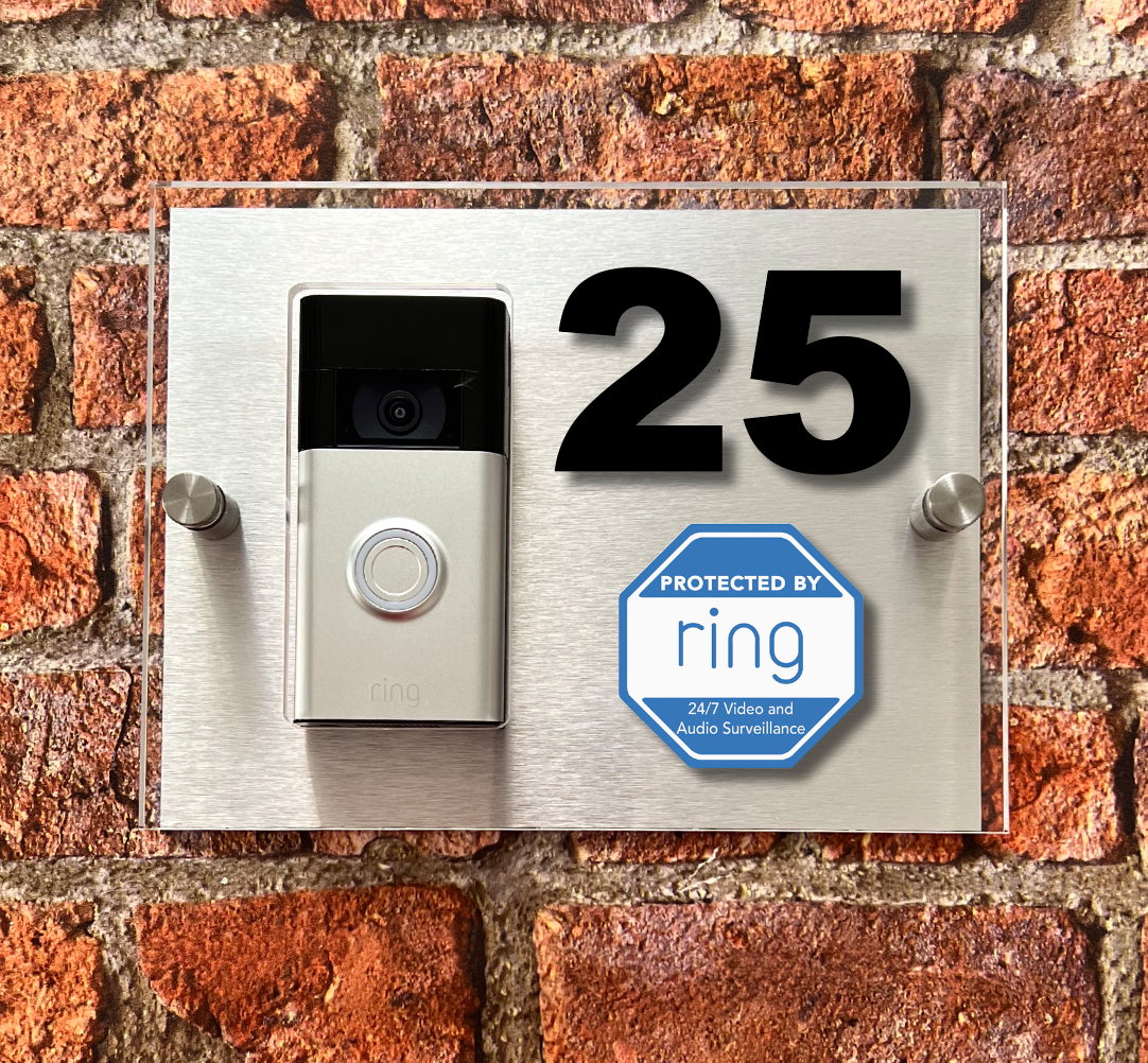 Ring Doorbell house number sign With RING WARNING MESSAGE