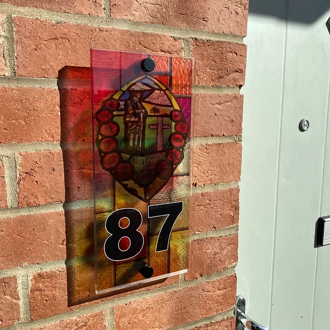 Poppy with lone soldier Stained Glass Style house sign