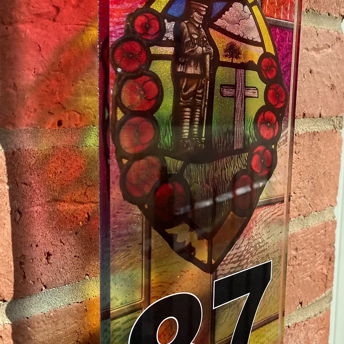 Poppy with lone soldier Stained Glass Style house sign